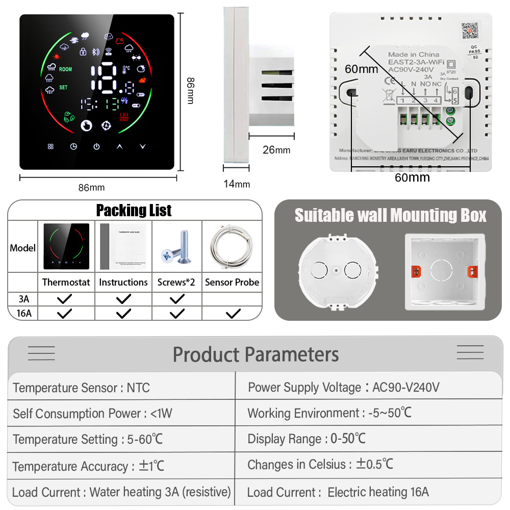 EARU Tuya WiFi 스마트 온도조절기 16A A - Smart Home Yasmina 리뷰 및 가격