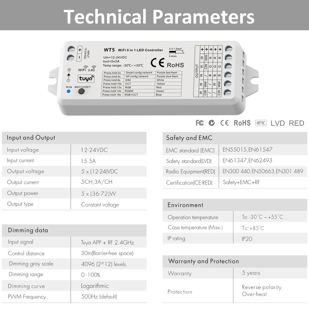 5 in 1 LED 스트립 컨트롤러 12V 24V DC - Wifi Led Dimmer 리뷰 및 가격